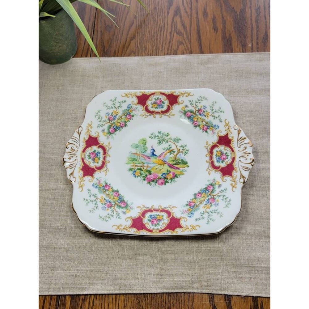 Vintage Foley Cake Plate, Broadway Maroon, Square Handle, Cookie Dessert Tray